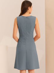 Round Neck Solid Color Sleeveless A-Line Work Midi Dress