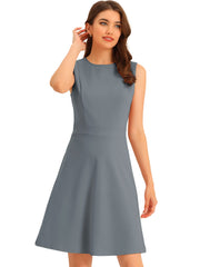 Round Neck Solid Color Sleeveless A-Line Work Midi Dress