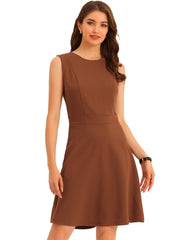 Round Neck Solid Color Sleeveless A-Line Work Midi Dress