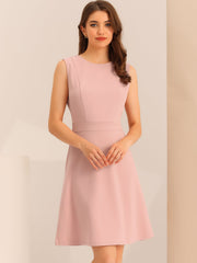 Round Neck Solid Color Sleeveless A-Line Work Midi Dress