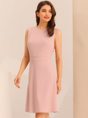 Round Neck Solid Color Sleeveless A-Line Work Midi Dress