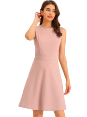 Round Neck Solid Color Sleeveless A-Line Work Midi Dress