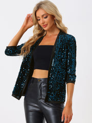 Sequin Open Front Collarless 3/4 Sleeve Velvet Jacket