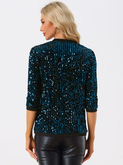 Sequin Open Front Collarless 3/4 Sleeve Velvet Jacket
