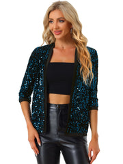 Sequin Open Front Collarless 3/4 Sleeve Velvet Jacket