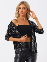 Sequin Open Front Collarless 3/4 Sleeve Velvet Jacket