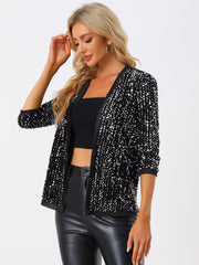 Sequin Open Front Collarless 3/4 Sleeve Velvet Jacket