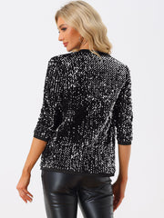 Sequin Open Front Collarless 3/4 Sleeve Velvet Jacket
