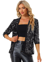 Sequin Open Front Collarless 3/4 Sleeve Velvet Jacket