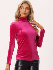 Turtleneck Velvet Top Long Sleeve Work Shirt Basic Velour Blouse