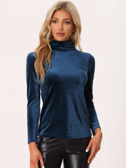 Turtleneck Velvet Top Long Sleeve Work Shirt Basic Velour Blouse