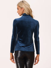 Turtleneck Velvet Top Long Sleeve Work Shirt Basic Velour Blouse