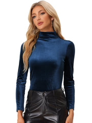 Turtleneck Velvet Top Long Sleeve Work Shirt Basic Velour Blouse