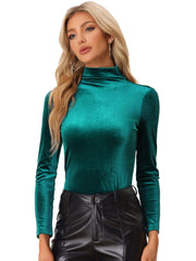 Turtleneck Velvet Top Long Sleeve Work Shirt Basic Velour Blouse
