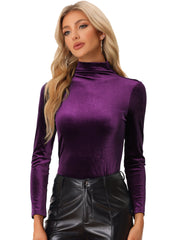 Turtleneck Velvet Top Long Sleeve Work Shirt Basic Velour Blouse