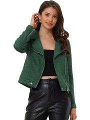 Casual Short Soft Zip Up Faux Suede Biker Moto Jacket