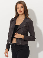 Casual Short Soft Zip Up Faux Suede Biker Moto Jacket
