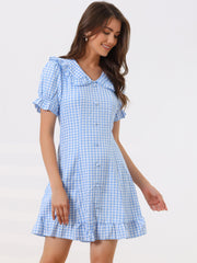 Gingham Checks Ruffled Peter Pan Collar 1960s Vintage Mini Dress