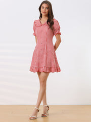 Gingham Checks Ruffled Peter Pan Collar 1960s Vintage Mini Dress