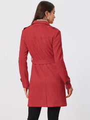 Notched Lapel Double Breasted Faux Suede Trench Coat Jacket with Belt