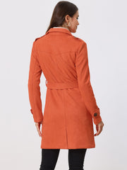Notched Lapel Double Breasted Faux Suede Trench Coat Jacket with Belt