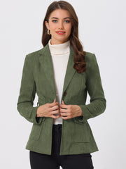 Faux Suede Blazer Belted Lapel Outwear Single Breasted Work Jacket