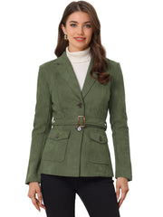 Faux Suede Blazer Belted Lapel Outwear Single Breasted Work Jacket