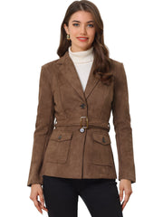 Faux Suede Blazer Belted Lapel Outwear Single Breasted Work Jacket