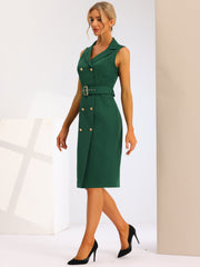 Sleeveless Notched Lapel Double Breasted Belted Office Blazer Dress