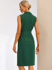 Sleeveless Notched Lapel Double Breasted Belted Office Blazer Dress