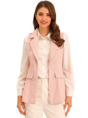 Tweed Open Front Plaid Sleeveless Cardigan Blazer Jacket Vest