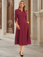 Notch Neck Pocketed 3/4 Sleeve Solid A-Line Work Dress