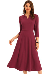 Notch Neck Pocketed 3/4 Sleeve Solid A-Line Work Dress