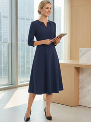 Notch Neck Pocketed 3/4 Sleeve Solid A-Line Work Dress