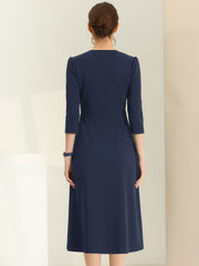 Notch Neck Pocketed 3/4 Sleeve Solid A-Line Work Dress