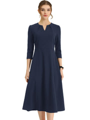 Notch Neck Pocketed 3/4 Sleeve Solid A-Line Work Dress