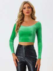 Velvet Long Sleeve Off Shoulder Solid Crop Top