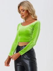 Velvet Long Sleeve Off Shoulder Solid Crop Top