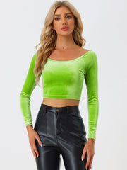 Velvet Long Sleeve Off Shoulder Solid Crop Top