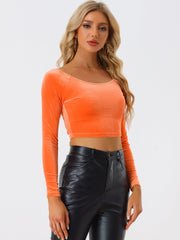 Velvet Long Sleeve Off Shoulder Solid Crop Top