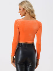 Velvet Long Sleeve Off Shoulder Solid Crop Top