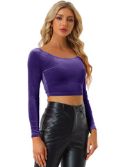 Velvet Long Sleeve Off Shoulder Solid Crop Top