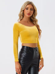 Velvet Long Sleeve Off Shoulder Solid Crop Top