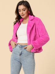 Autumn Winter Cropped Jacket Notch Lapel Faux Fur Fluffy Coat