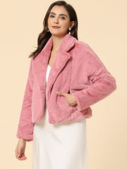 Allegra K Cropped Notch Lapel Faux Fur Fluffy Jacket