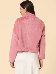 Allegra K Cropped Notch Lapel Faux Fur Fluffy Jacket