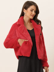 Allegra K Cropped Notch Lapel Faux Fur Fluffy Jacket