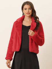 Allegra K Cropped Notch Lapel Faux Fur Fluffy Jacket
