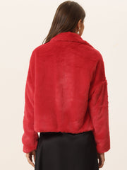 Allegra K Cropped Notch Lapel Faux Fur Fluffy Jacket