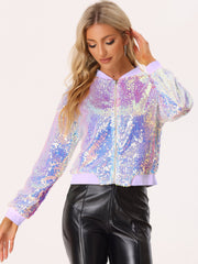 Sequin Sparkle Party Long Sleeve Zipper Bomber Jacket